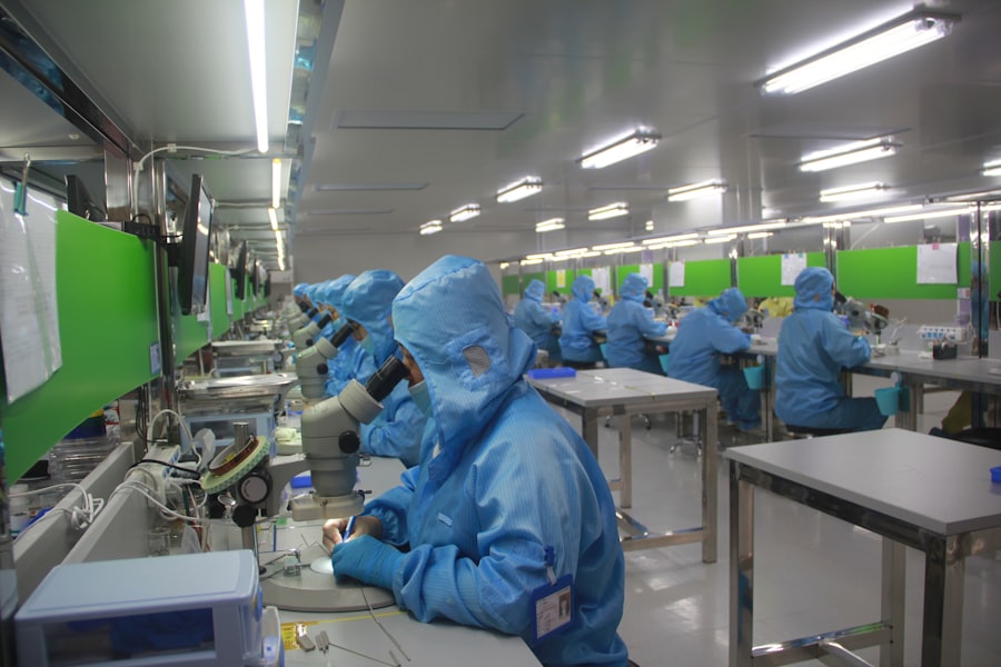 Quality inspectors checking products under microscopes