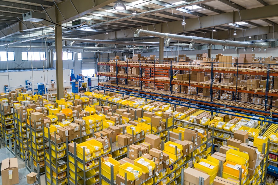 Fulfillment centre with stocked shelves and pick bins